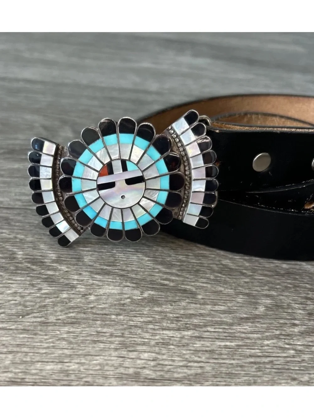 Vintage JD Massie Zuni Sterling Silver Sunface Inlay Belt Buckle Native American